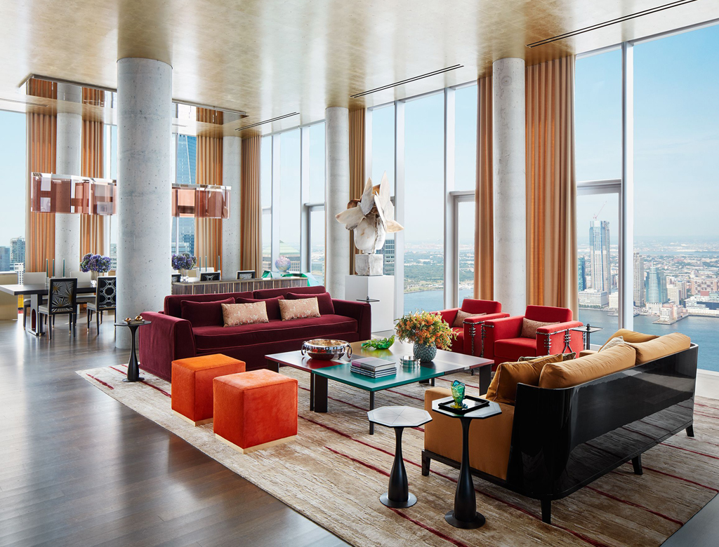 nowoczesny penthouse z jadalnią i salonem, z widokiem na Manhattan i rzekę Hudson | styl nowojorski w Imperium Wnętrz Kokotów 922
